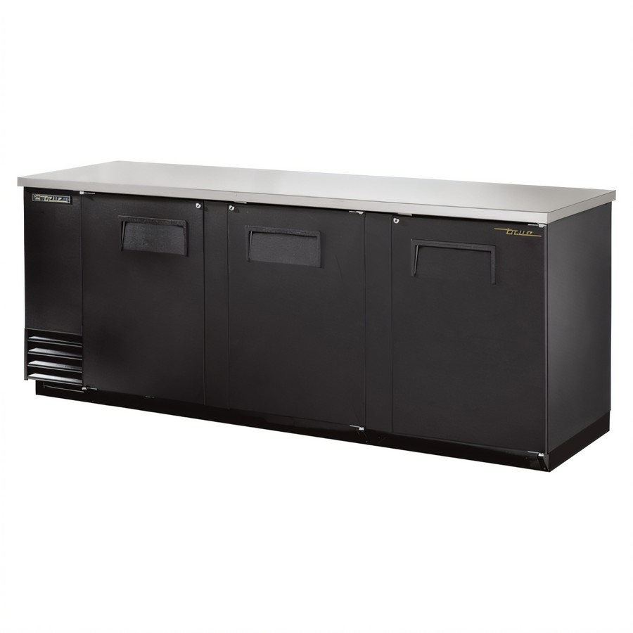 Product image #1 for True Three-Section Back Bar Cooler, 90-3/8 Inch Wide, 3 Solid Locking Doors, Stainless Steel Top, Left-Side Self-Contained Refrigeration
