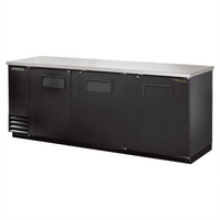 True Three-Section Back Bar Cooler, 90-3/8 Inch Wide, 3 Solid Locking Doors, Stainless Steel Top, Left-Side Self-Contained Refrigeration