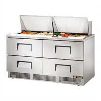 True 64-Inch Two-Section 4-Drawer Stainless Steel Sandwich/Salad Prep Table with Rear-Mounted Self-Contained Refrigeration
