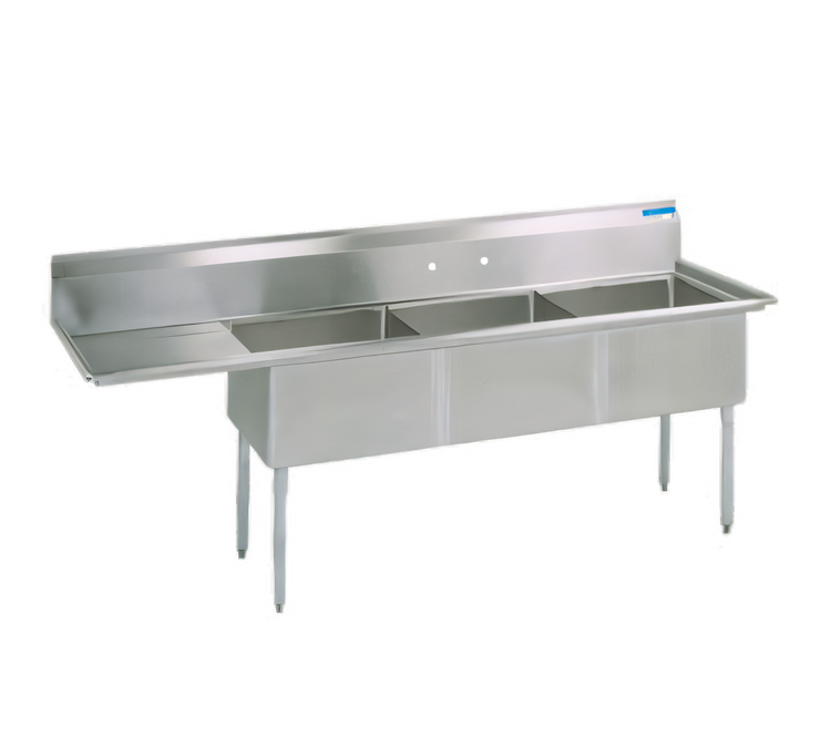 Product image #1 for BK Resources 3 Compartment Stainless Steel Sink with Left Drainboard, 16 x 20 x 12 Inch Bowls