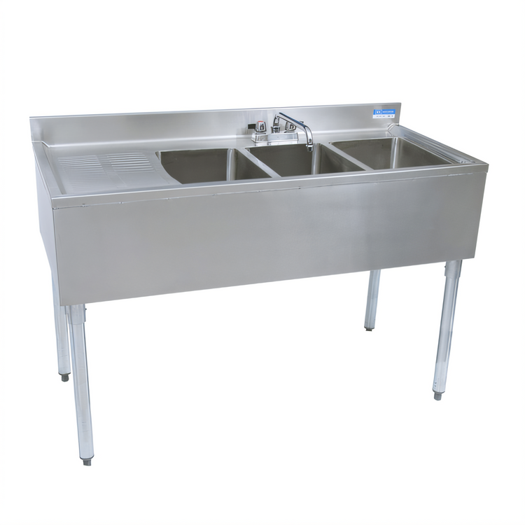Product image #1 for BK Resources Three-Compartment Underbar Sink with Left Drainboard, Faucet, and Backsplash