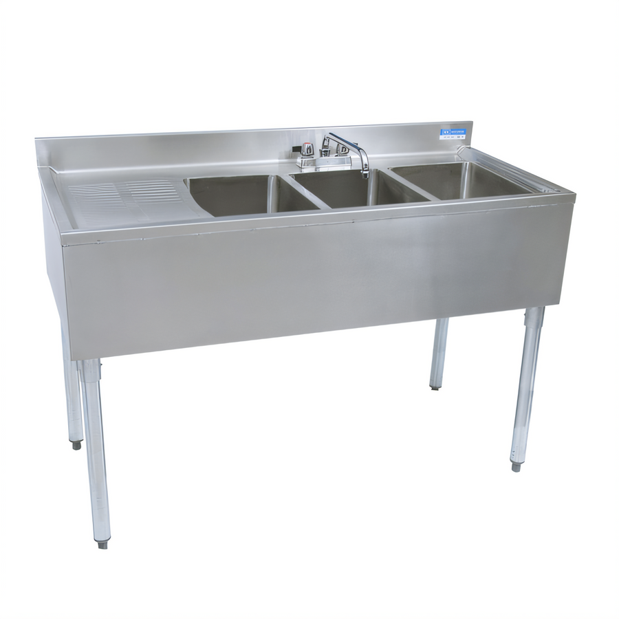 Product image #1 for BK Resources Three-Compartment Underbar Sink with Left Drainboard, Faucet, and Backsplash