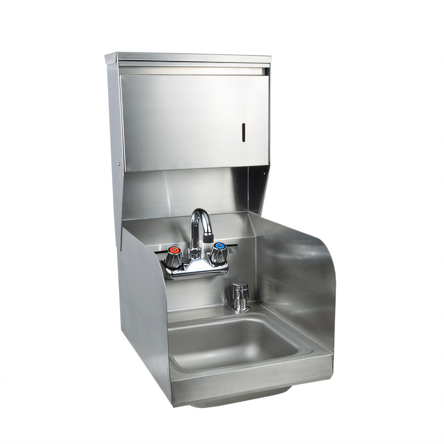 Product image #1 for BK Resources Space Saver Wall-Mount Hand Sink with Faucet, Towel and Soap Dispensers, Dual Side Splashes, 9 x 9 Bowl