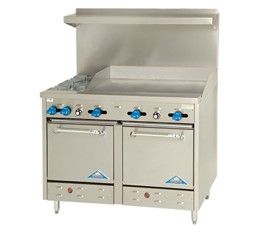 Product image #1 for Comstock-Castle F3218-36 48-Inch Commercial Gas Range with 2 Open Burners, 36-Inch Griddle, and 2 Space-Saver Ovens