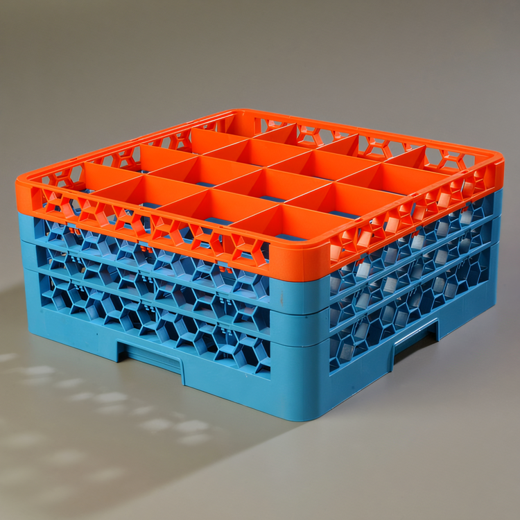 Product image #1 for OptiClean Full-Size 16-Compartment Dishwasher Glass Rack with 3 Orange/Blue Extenders