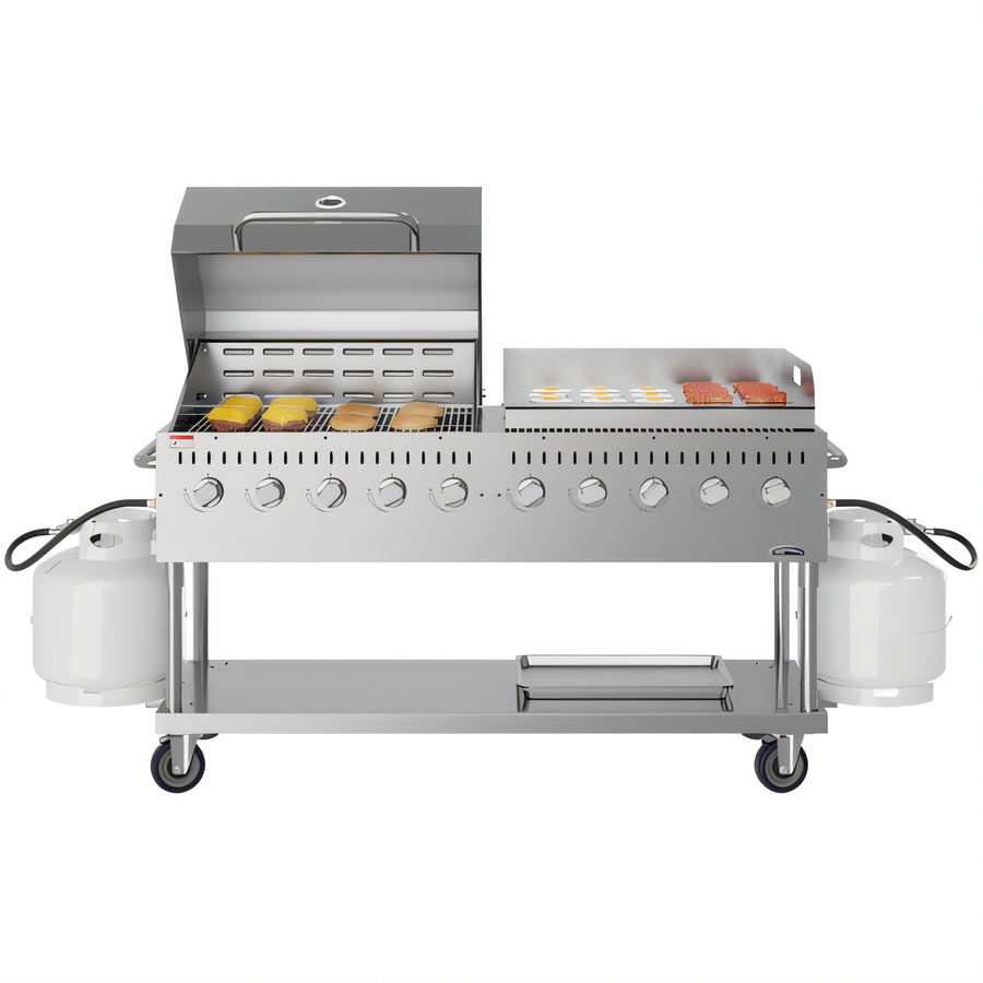 Product image #1 for KoolMore 72-Inch 10-Burner Commercial Outdoor Propane Gas Grill with 36-Inch Roll Dome Cover and 36-Inch Griddle