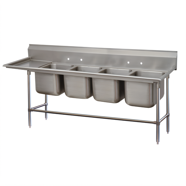 Product image #1 for Advance Tabco Regaline 4-Compartment Sink with Left-Hand 36-Inch Drainboard, 16 x 20 Bowls, 14-Gauge 304 Stainless Steel