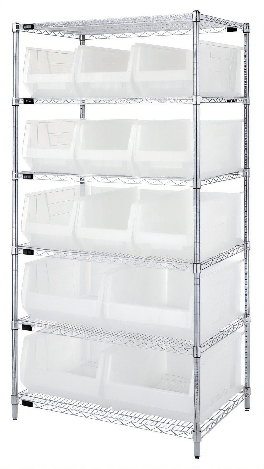Product image #1 for Quantum 36-Inch Wide Stationary Chrome-Plated Wire Shelving Bin System with Clear Bins
