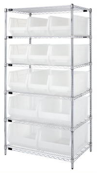 Quantum 36-Inch Wide Stationary Chrome-Plated Wire Shelving Bin System with Clear Bins