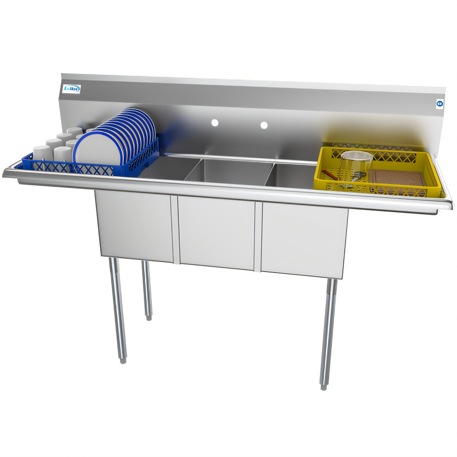 Product image #1 for KoolMore 60 Inch Commercial 3-Compartment Stainless Steel Sink with Dual Drainboards and Backsplash