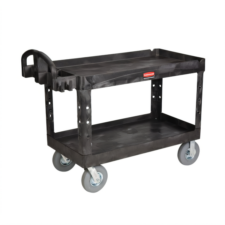Product image #1 for Rubbermaid Commercial Heavy Duty Black Plastic Utility Bus Cart with 2 Lipped Shelves, 500 lb Capacity