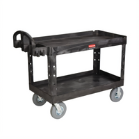 Rubbermaid Commercial Heavy Duty Black Plastic Utility Bus Cart with 2 Lipped Shelves, 500 lb Capacity