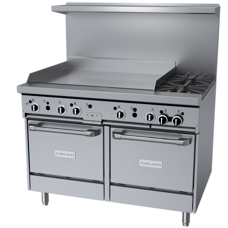 Product image #1 for Garland GFE Starfire Pro 48-Inch Gas Restaurant Range with 2 Open Burners, 36-Inch Thermostatic Griddle and 2 Space Saver Ovens