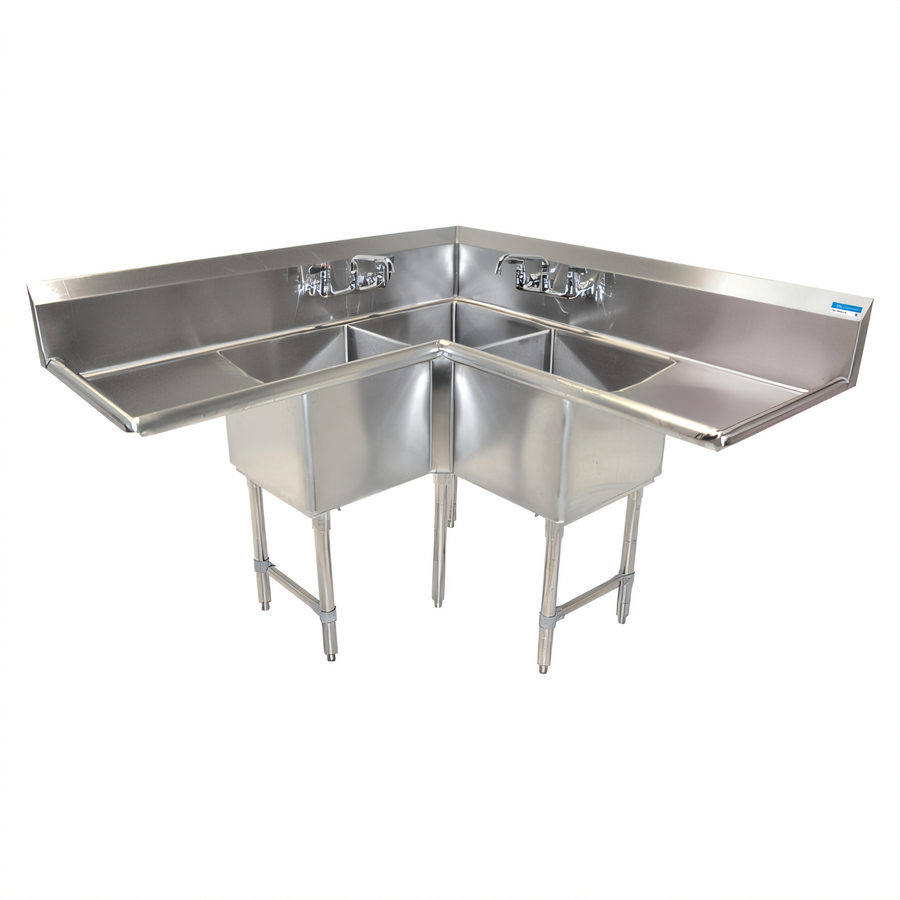 Product image #1 for BK Resources Three-Compartment Corner Sink with Dual 24-Inch Drainboards