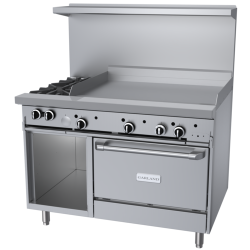Product image #1 for Garland G Starfire Pro 48-Inch Gas Restaurant Range with 2 Open Burners, 36-Inch Griddle, Convection Oven and Storage Base