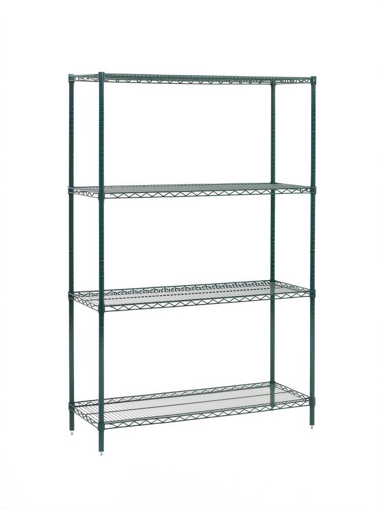 Product image #1 for Olympic 18 Inch x 48 Inch 4-Shelf Stationary Wire Shelving Convenience Pack with 74 Inch Split Posts, Green Epoxy Coated