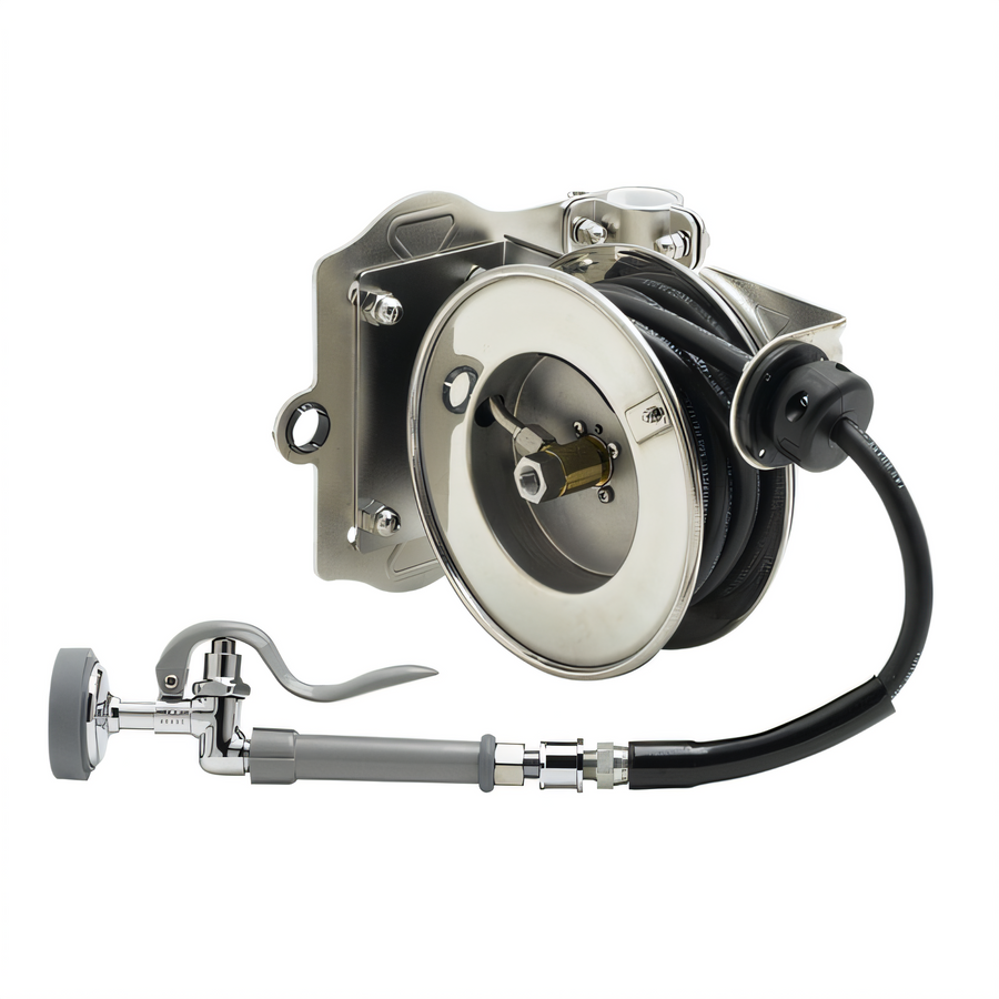 Product image #1 for Table-Leg Mounted Open Stainless Steel Retractable Hose Reel Assembly with 12-Foot 3/8-Inch Hose and 1.15 GPM Spray Valve