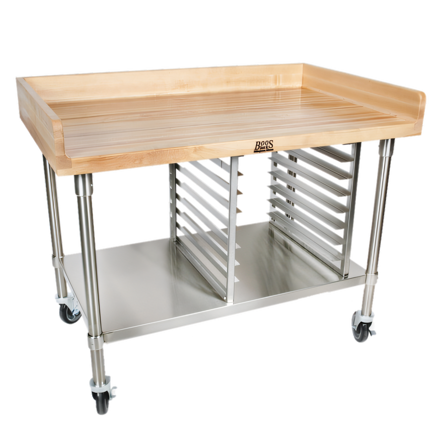 Product image #1 for John Boos 60-Inch x 30-Inch Bakery Prep Table with Northern Hard Rock Maple Top, Stainless Steel Undershelf, Bun Pan Rack and Locking Casters
