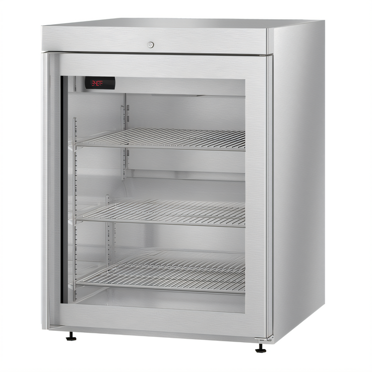 Product image #1 for Hoshizaki Compact 24-Inch Undercounter Glass Door Reach-In Refrigerator, 3.87 Cu. Ft., Self-Contained Rear-Mounted, Stainless Steel
