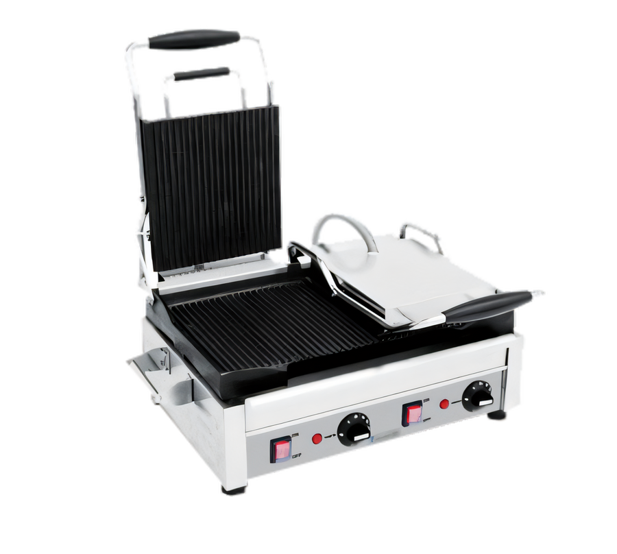 Product image #1 for Eurodib Commercial Double Countertop Panini Press with Ribbed Cast Iron Plates, 18 x 11 Inches, 240V