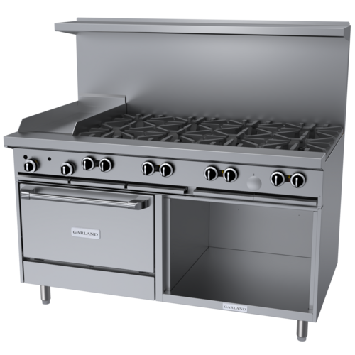 Product image #1 for Garland G Starfire Pro Series 60-Inch Gas Restaurant Range with 8 Open Burners, 12-Inch Griddle, Convection Oven, and Storage Base