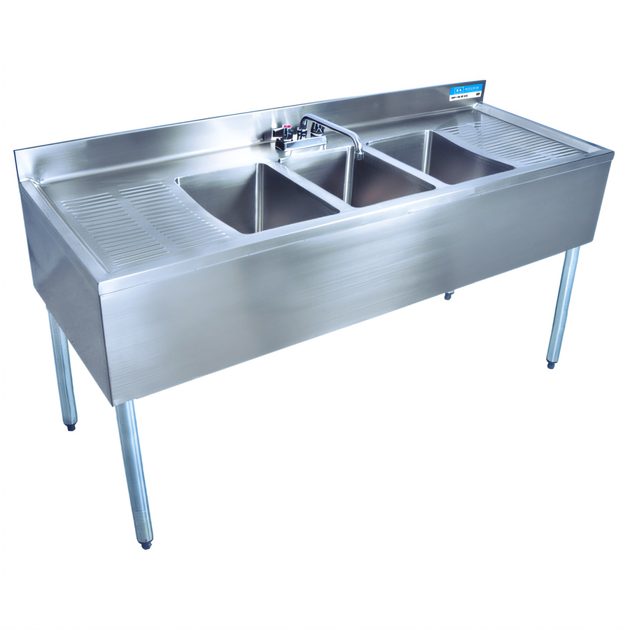 Product image #1 for BK Resources 96-Inch Three-Compartment Stainless Steel Underbar Sink with Left and Right Drainboards and Faucet
