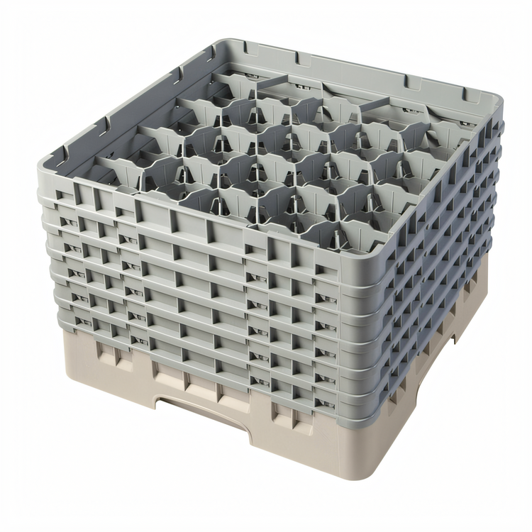 Product image #1 for Cambro Camrack® Full-Size 20-Compartment Glass Rack with 6 Soft Gray Extenders, Beige