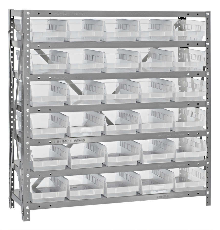 Product image #1 for Quantum Heavy-Duty Stationary Wire Shelving Unit with 7 Shelves and 30 Clear Bins, 36 x 18 x 39 Inches