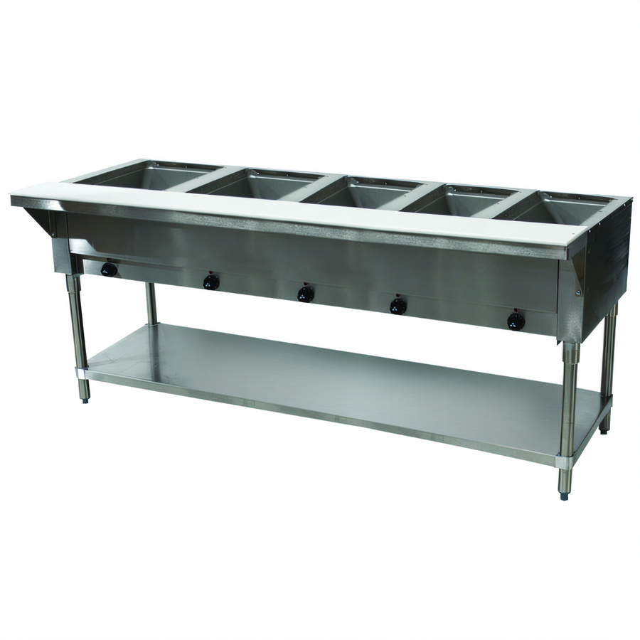 Product image #1 for Advance Tabco Triumph Supreme 77-3/4-Inch Electric Hot Food Table with 5 Sealed Wells, Poly Cutting Board, and Open Galvanized Base
