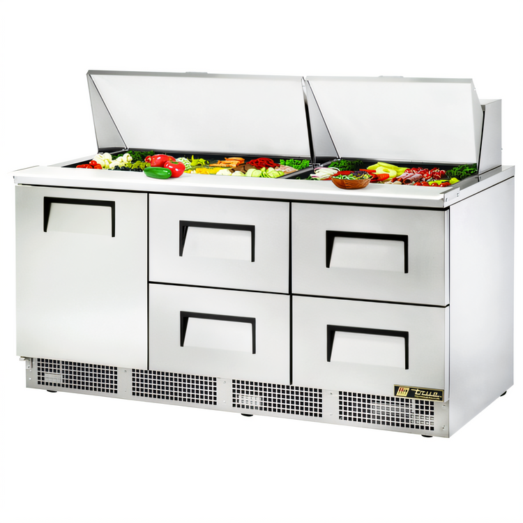 Product image #1 for True 72-Inch 3-Section Refrigerated Sandwich/Salad Prep Table with 1 Door, 4 Drawers and 30-Pan Top