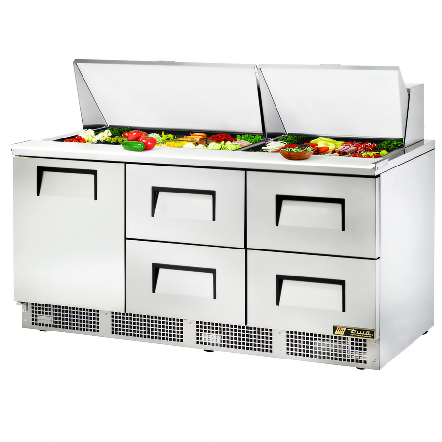 Product image #1 for True 72-Inch 3-Section Refrigerated Sandwich/Salad Prep Table with 1 Door, 4 Drawers and 30-Pan Top