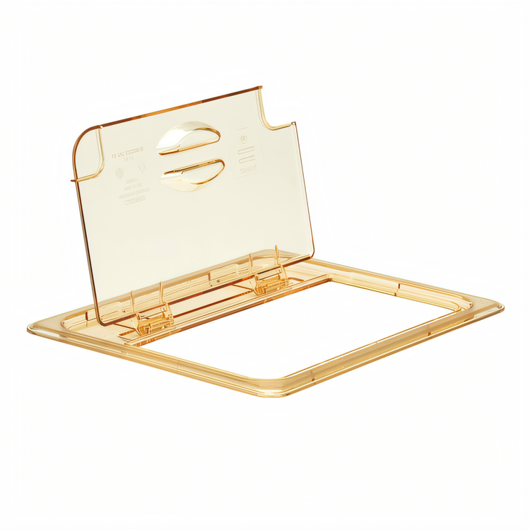 Product image #1 for Cambro High Heat H-Pan 1/2 Size Notched FlipLid Hinged Food Pan Cover, Amber