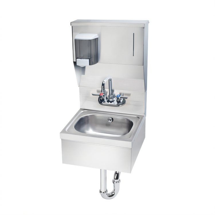 Product image #1 for Krowne HS-8 16-Inch Wall Mounted Stainless Steel Hand Sink with Faucet, Soap & Towel Dispenser and Skirt