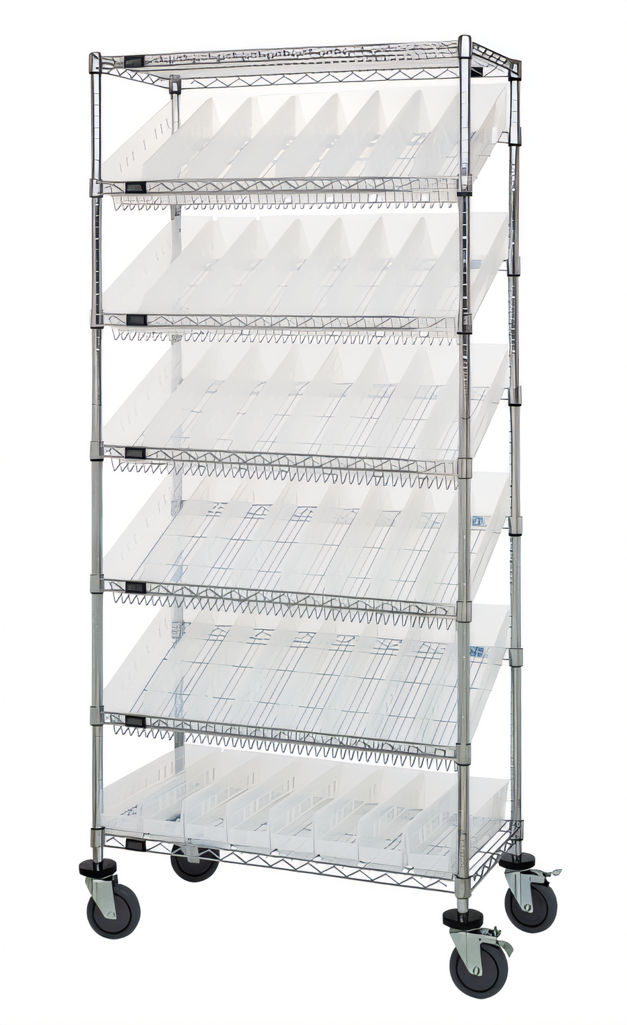 Product image #1 for Quantum Mobile Wire Shelving Bin System Unit with 48 Clear Bins and 7 Shelves, Chrome Plated Finish