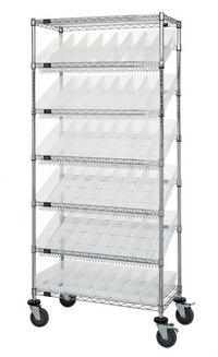 Quantum Mobile Wire Shelving Bin System Unit with 48 Clear Bins and 7 Shelves, Chrome Plated Finish
