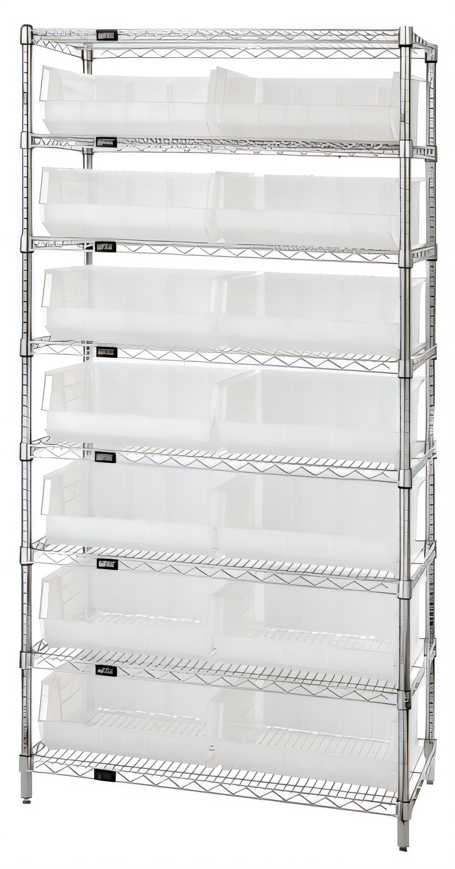 Product image #1 for Quantum Chrome Plated Stationary Bin Wire Shelving System with 8 Shelves and 14 Clear Bins, 36W x 14D x 74H