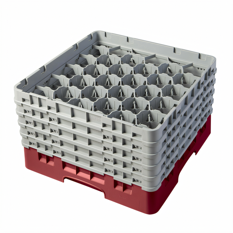 Product image #2 for Cambro Camrack Full-Size 30-Compartment Glass Rack with 5 Soft Gray Extenders, Cranberry