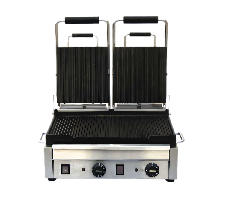 Product image #1 for Omcan Double Countertop Panini Grill with Grooved Cast Iron Top & Bottom Plates, 10 x 18 Inch, 220V