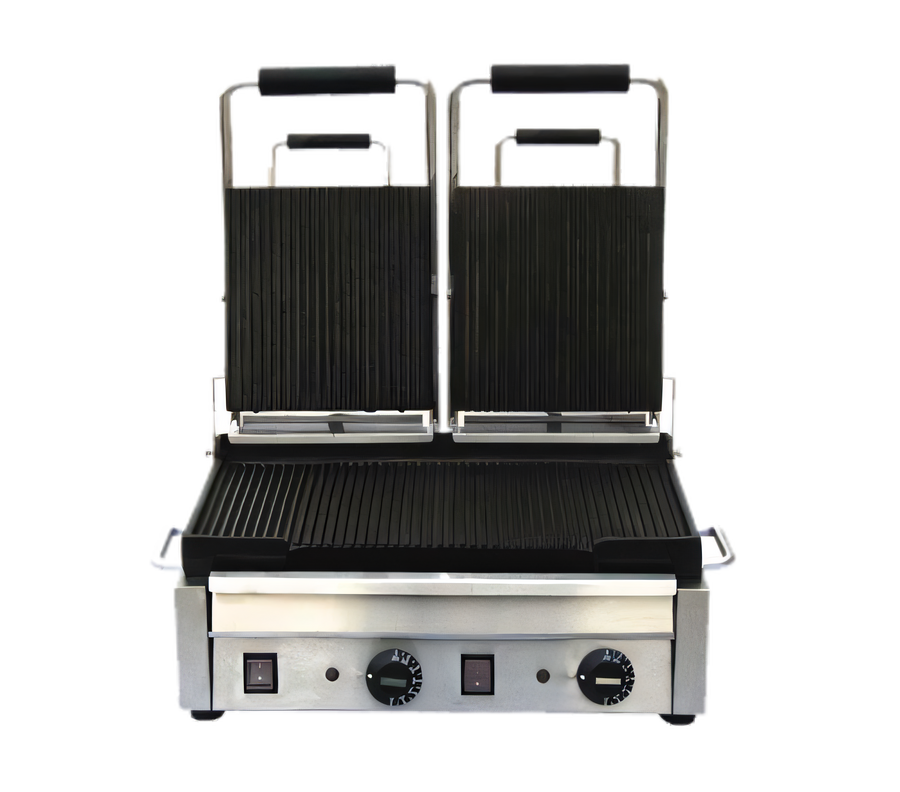 Product image #1 for Omcan Double Countertop Panini Grill with Grooved Cast Iron Top & Bottom Plates, 10 x 18 Inch, 220V