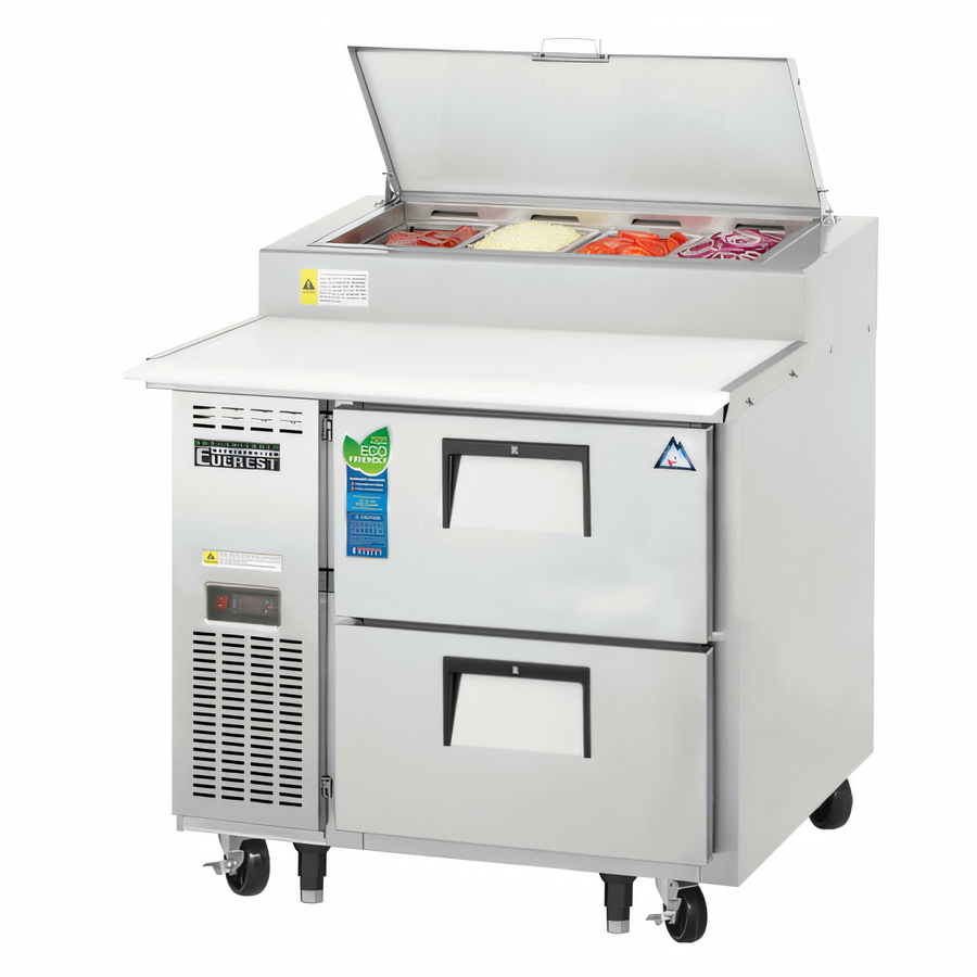 Product image #1 for Everest Refrigeration Drawered Pizza Prep Table, 1 Section, 2 Drawers, 35-5/8 Inch Wide, Self-Contained Side-Mounted R290 Refrigeration