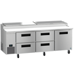 Thumbnail image #1 for Hoshizaki Steelheart PR93B-D4 93-Inch Three-Section Refrigerated Pizza Prep Table with 4 Drawers, 1 Door, and Cutting Board