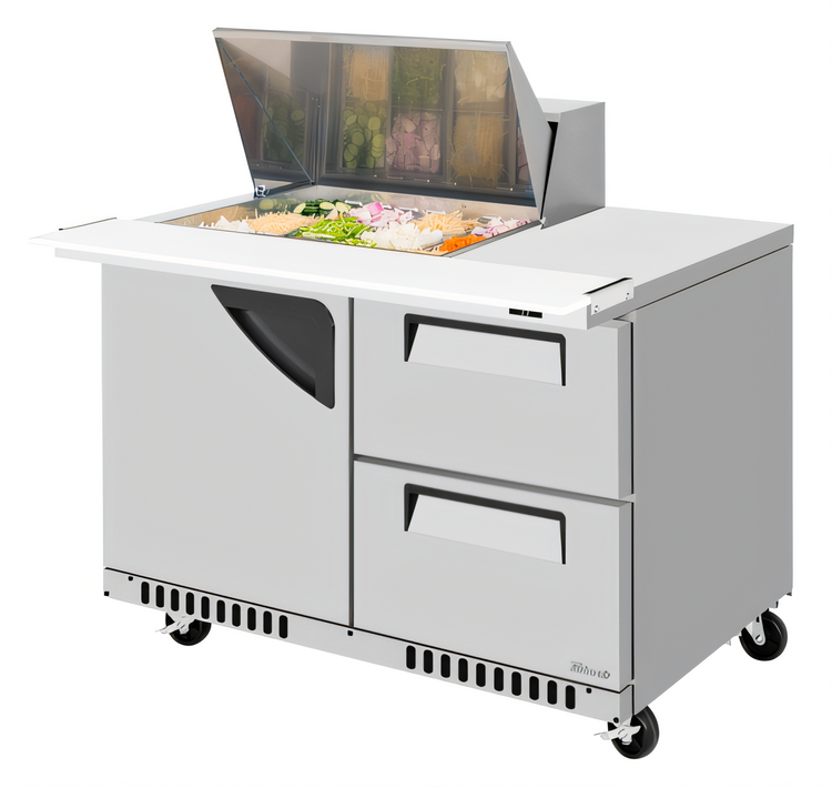 Product image #1 for Turbo Air Super Deluxe 48-1/4-Inch 2-Section Prep Table Workstation Refrigerator with 2 Drawers, 1 Door, and Front Breathing Airflow