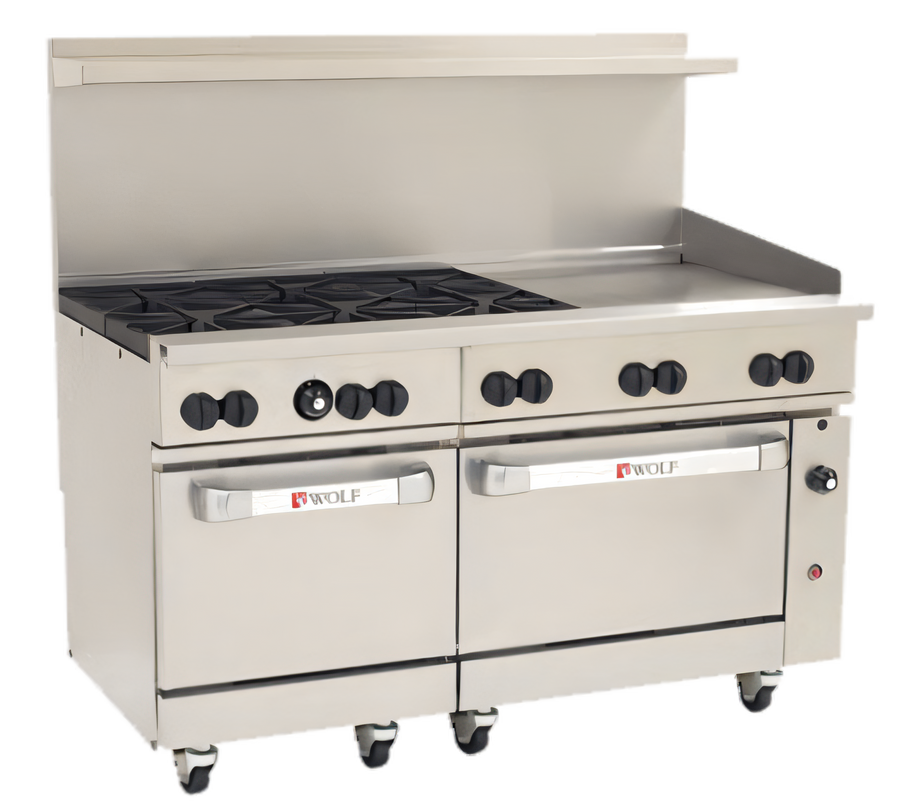 Product image #1 for Wolf Challenger XL 60-Inch Gas Restaurant Range with 6 Open Burners, 24-Inch Griddle, and 2 Standard Ovens