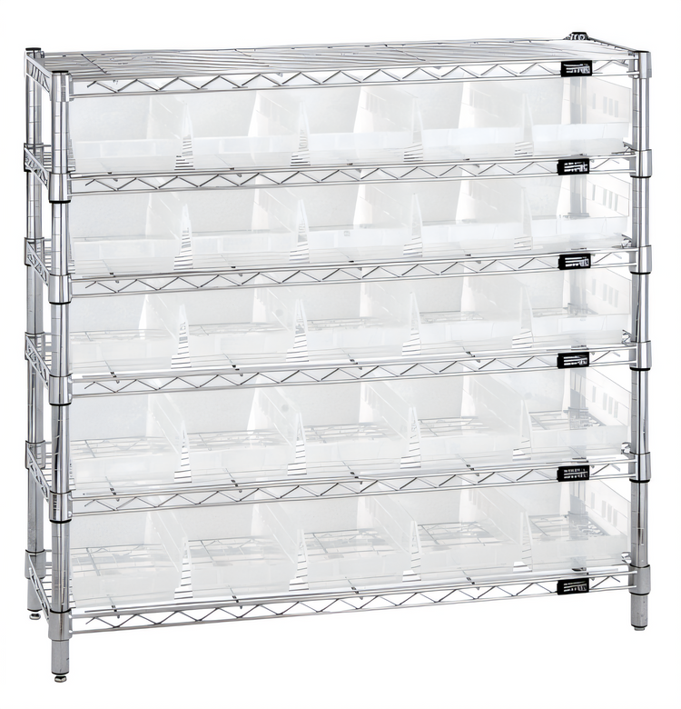 Product image #1 for Quantum Bin Wire Shelving System with 6 Shelves, 25 Clear Bins, and Chrome Plated Finish