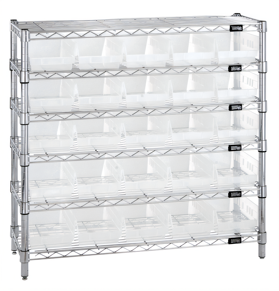 Product image #1 for Quantum Bin Wire Shelving System with 6 Shelves, 25 Clear Bins, and Chrome Plated Finish