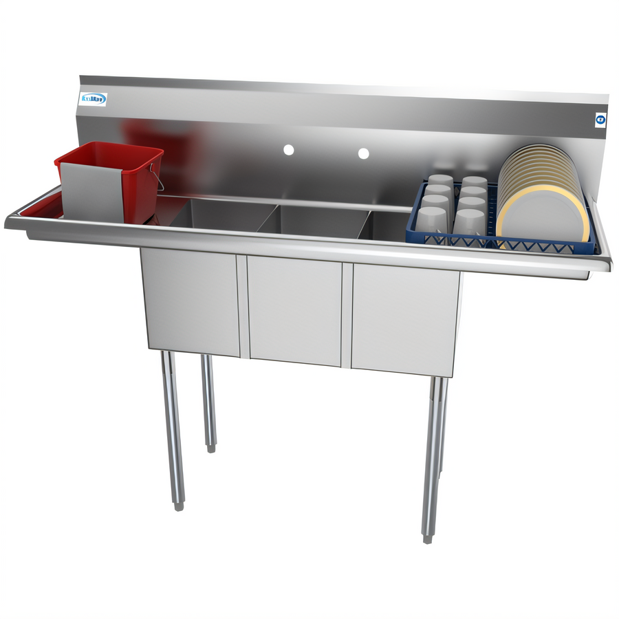 Product image #1 for KoolMore 54-Inch 3-Compartment Commercial Sink with Dual Drainboards and Backsplash