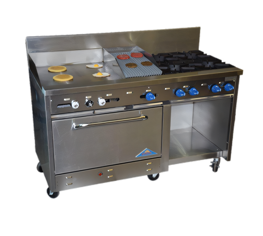 Product image #1 for Comstock-Castle 60-Inch Commercial Gas Range with 2 Star Burners, 30-Inch Griddle, 18-Inch Char-Broiler, Oven, and Cabinet Base Storage