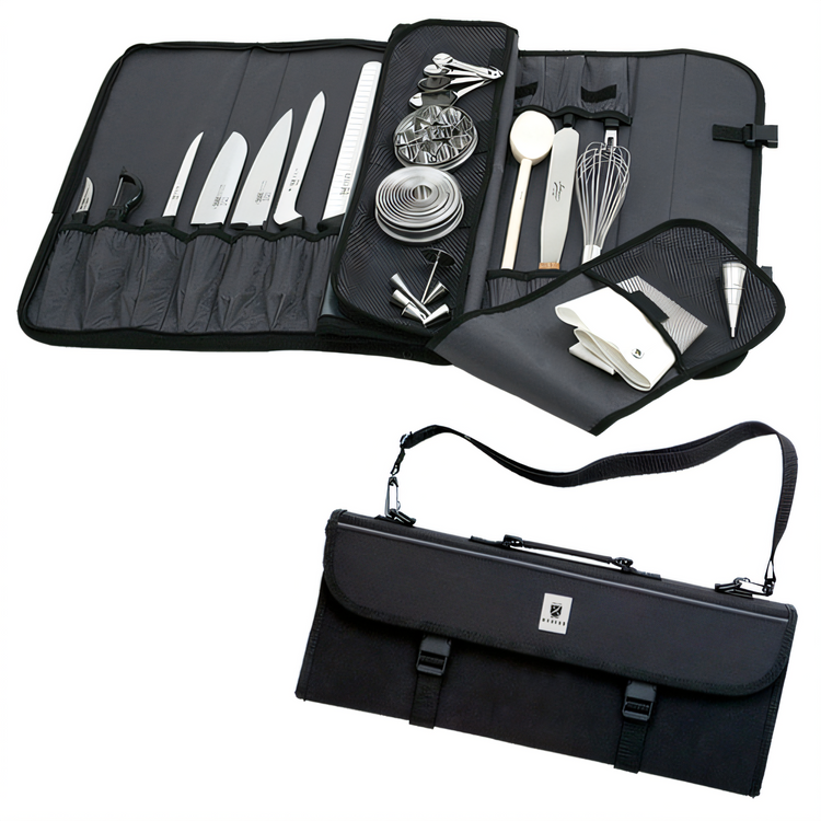Product image #1 for Mercer Culinary 17-Pocket Soft Knife Roll Bag with Hard PVC Lining, Black
