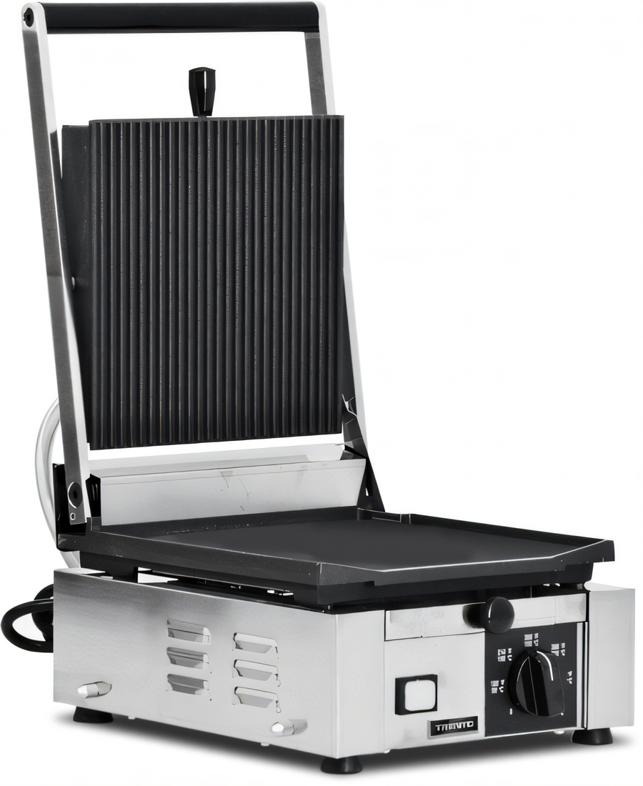 Product image #1 for Trento Single Countertop Panini Press / Sandwich Grill with Ribbed Cast Iron Top and Flat Bottom, 10 x 9 Inch Surface