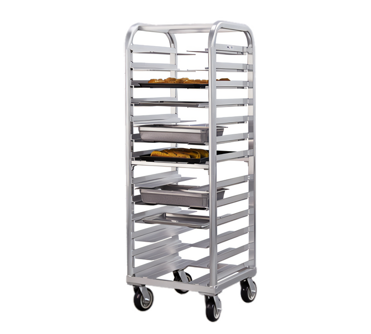 Product image #1 for New Age Lifetime Series Heavy-Duty Aluminum Stepped-Angle Bun Pan Rack, 13-Slide, 73 Inch Tall, With Casters